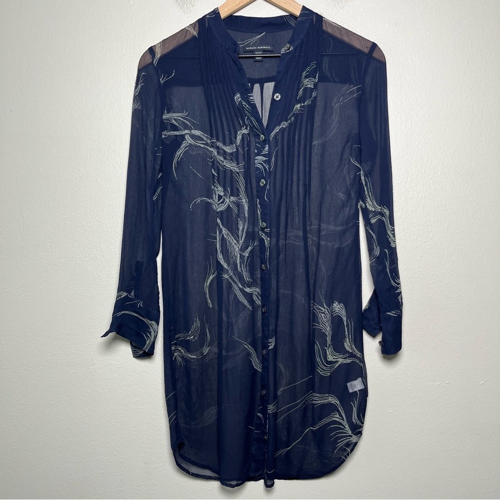 Banana Republic Navy Sheer Button-Front Mini Dress with White Swirl Print